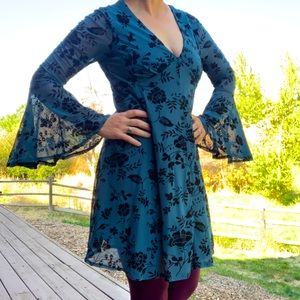 Miami Dress Blue with Black Velvet Floral Design